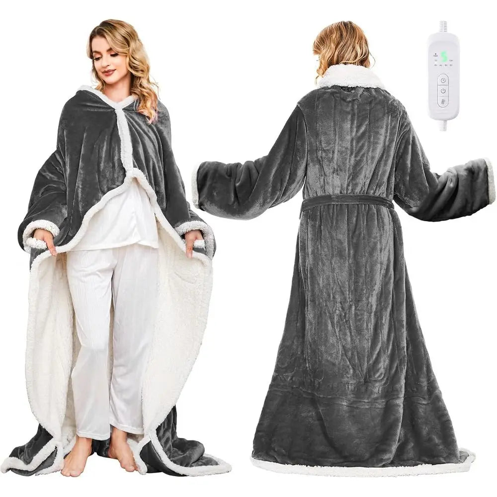 Wearable Electric Blanket with 8 Heat Levels, Timer, Foot Pockets & Sleeves - Flannel & Sherpa Throw, 50x60 for Women