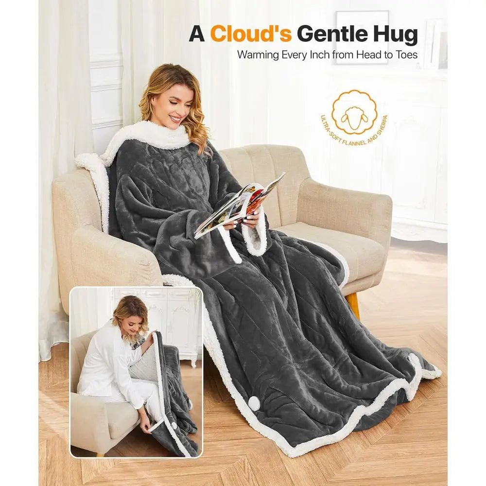 Wearable Electric Blanket with 8 Heat Levels, Timer, Foot Pockets & Sleeves - Flannel & Sherpa Throw, 50x60 for Women